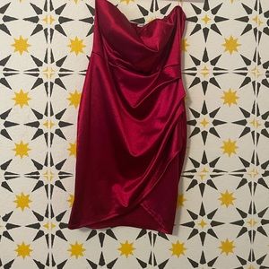 Red asymmetrical strapless dress